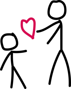 A stick figure of adult giving a heart to a child
