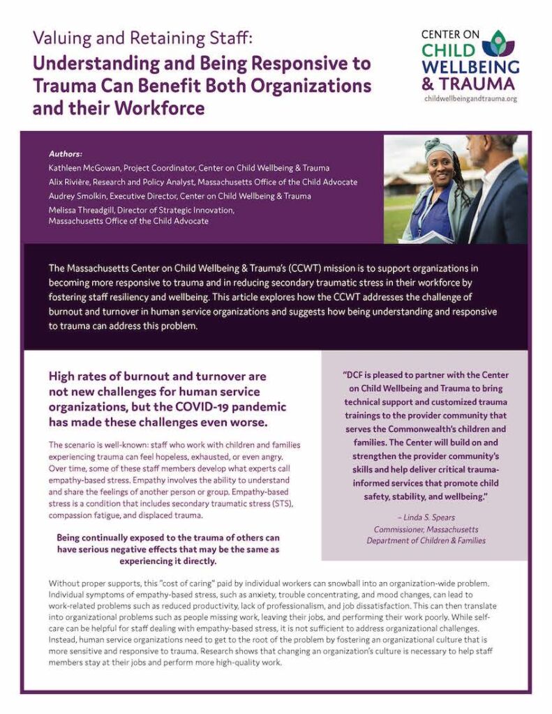 Valuing and Retaining Staff: Understanding and Being Responsive to Trauma Can Benefit Both Organizations and their Workforce Issue Brief